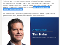 Novavax疫苗公司高级副总裁Tim Hahn于2023年12月18日突然去世